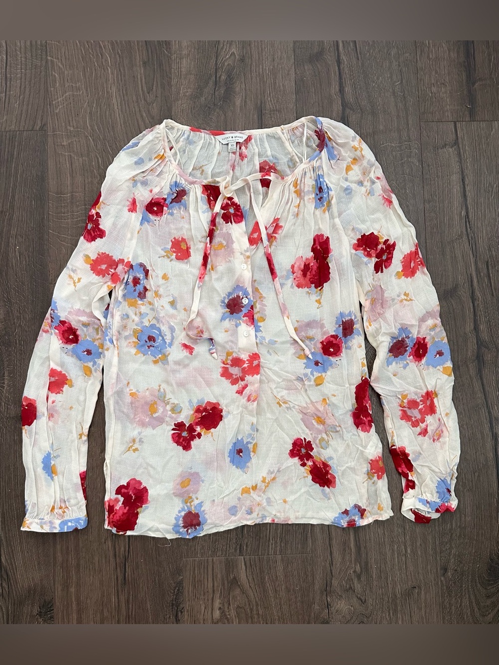Lucky Brand Ivory Floral Tie-Neck Blouse with Red & Blue Blooms